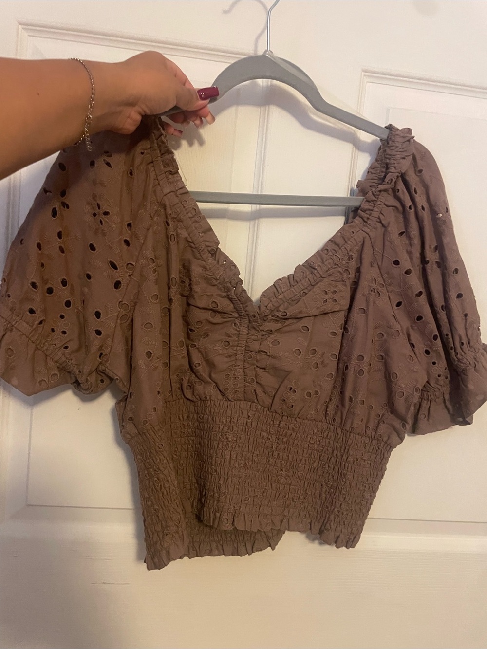 Smocked Eyelet Peasant Top in Taupe